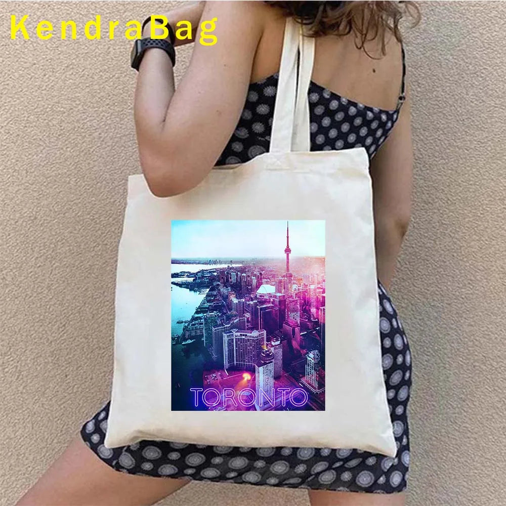Canadian City Landscape Cotton Canvas Tote Bag | Happy Canada Day Tourist Gift | Reusable Eco-Friendly Shoulder Handbag (Women) Luxegan