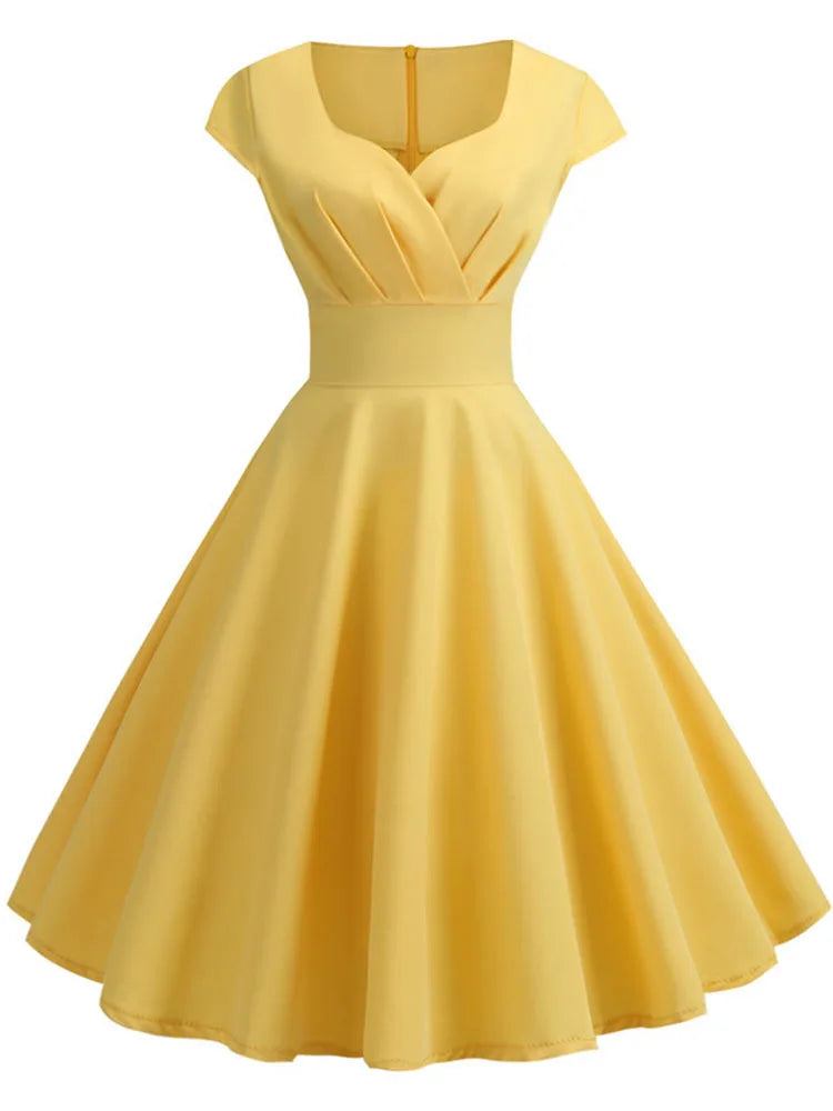 Women's Hepburn Vintage Rockabilly Pin-Up Dress | Elegant Retro Casual Party Midi Dress | Classic V-Neck Short Sleeve Sundress | Premium Tatting Slight Stretch Slim Fit A-Line Vestido Model WQ1307 Luxegan