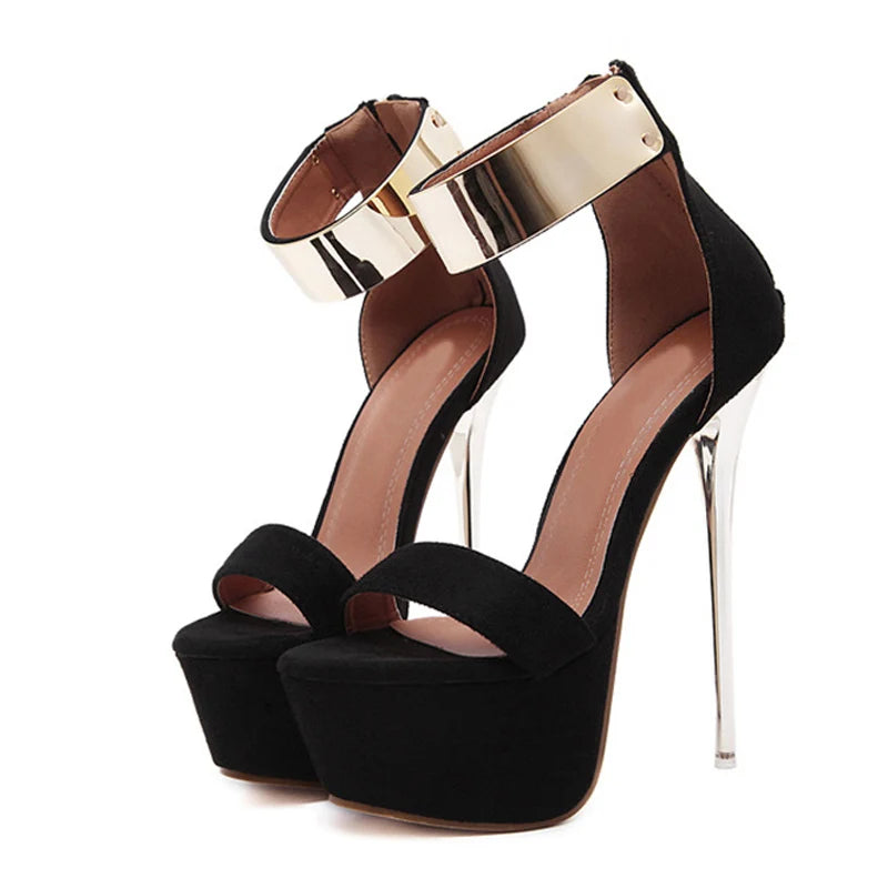 16cm Metal Ankle Cover Sandals | Sophisticated Black Flock Platform High Heels | Elegant "Modern Stripper" Party Club Shoes | "Dignified" Extreme High Heel Pole Dance Footwear for Radiant Versatile Styling Luxegan
