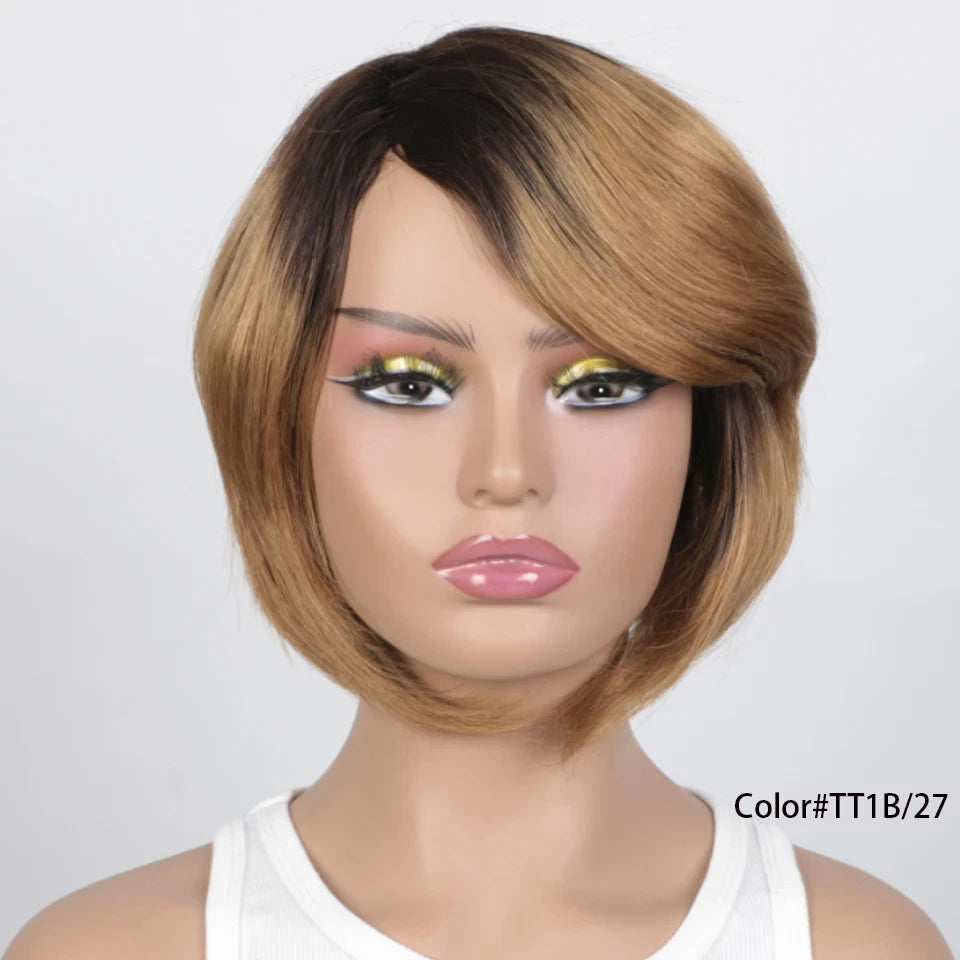Pixie Cut Bob Wig | Straight Human Hair with Long Side Part Bangs Luxegan
