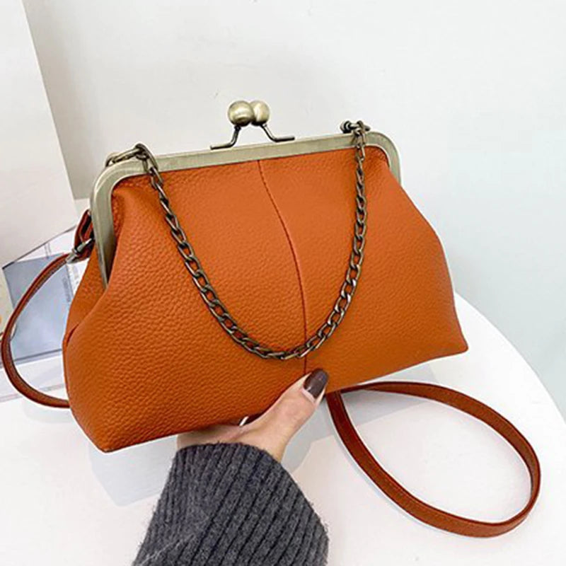 Vintage PU Shell Bag | Lychee Pattern Clip Chain Shoulder & Crossbody Luxegan