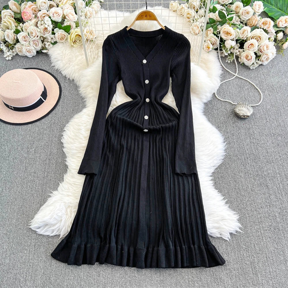 Autumn Winter V-Neck Knitted Long Dress | Sophisticated Slim Waist Pleated Sweater Gown | Elegant "Full Sleeve" Silhouette | "Dignified" Empire Waist A-Line Dress for Radiant Versatile Office & Winter Styling Luxegan
