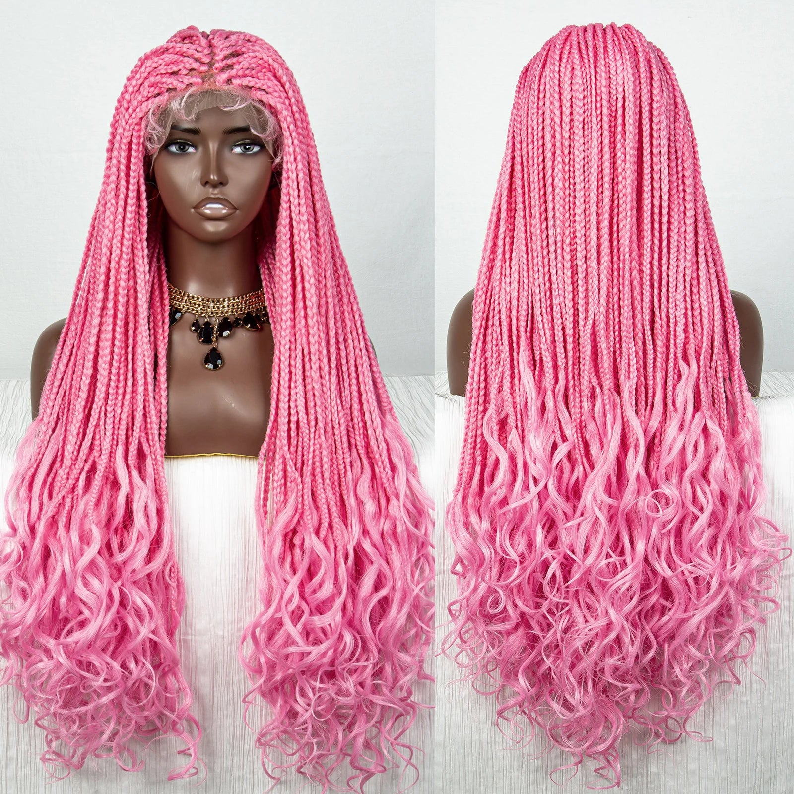36" Pink & 613 Blonde Braided Wig | Water Wave Ends | Lace Front | Baby Hair Luxegan