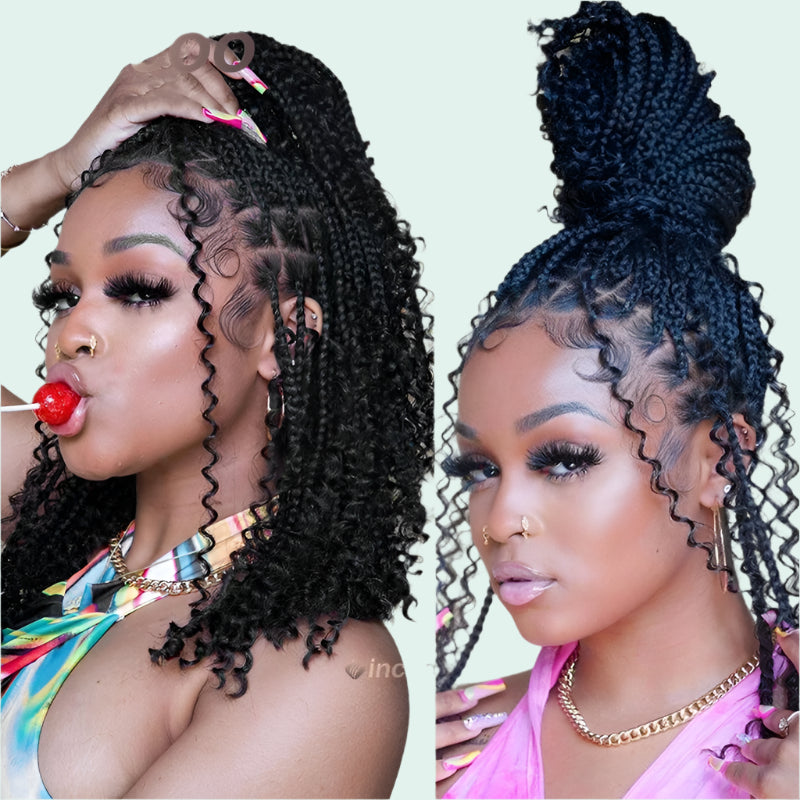 12" Goddess Boho Bob Braids Wig | 360 Lace Frontal | Curly Ends | Ombre & Color Options | Baby Hair