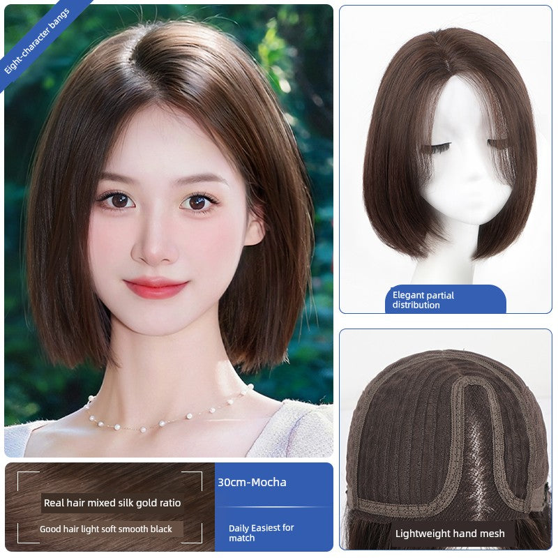 Natural Full-Head Human Hair Wig | Classy Collarbone Length Short Straight Wig with Oblique Bangs for Women (Sweet & Lovely, Elegant Style) Luxegan