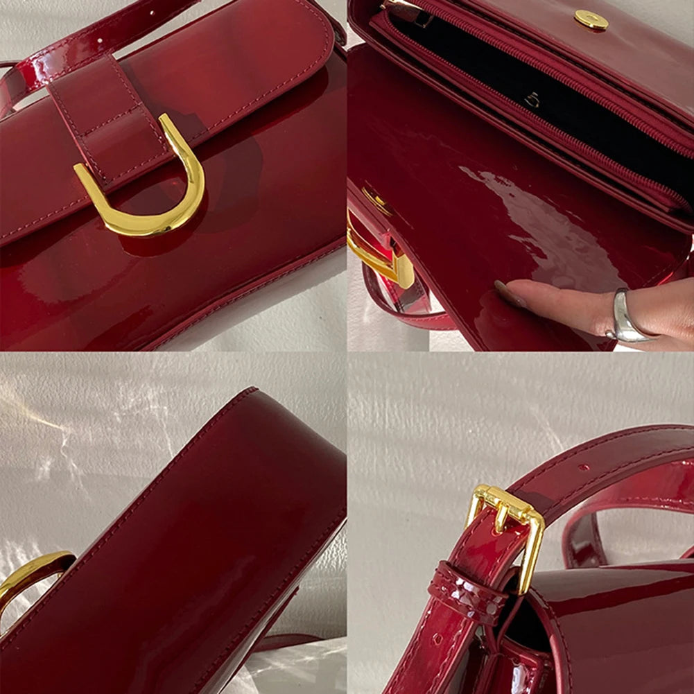Retro Patent Leather Shoulder Bag for Women | Luxury Flap Crossbody & Solid Color Underarm Bag (Red Lady Handbag Luxegan