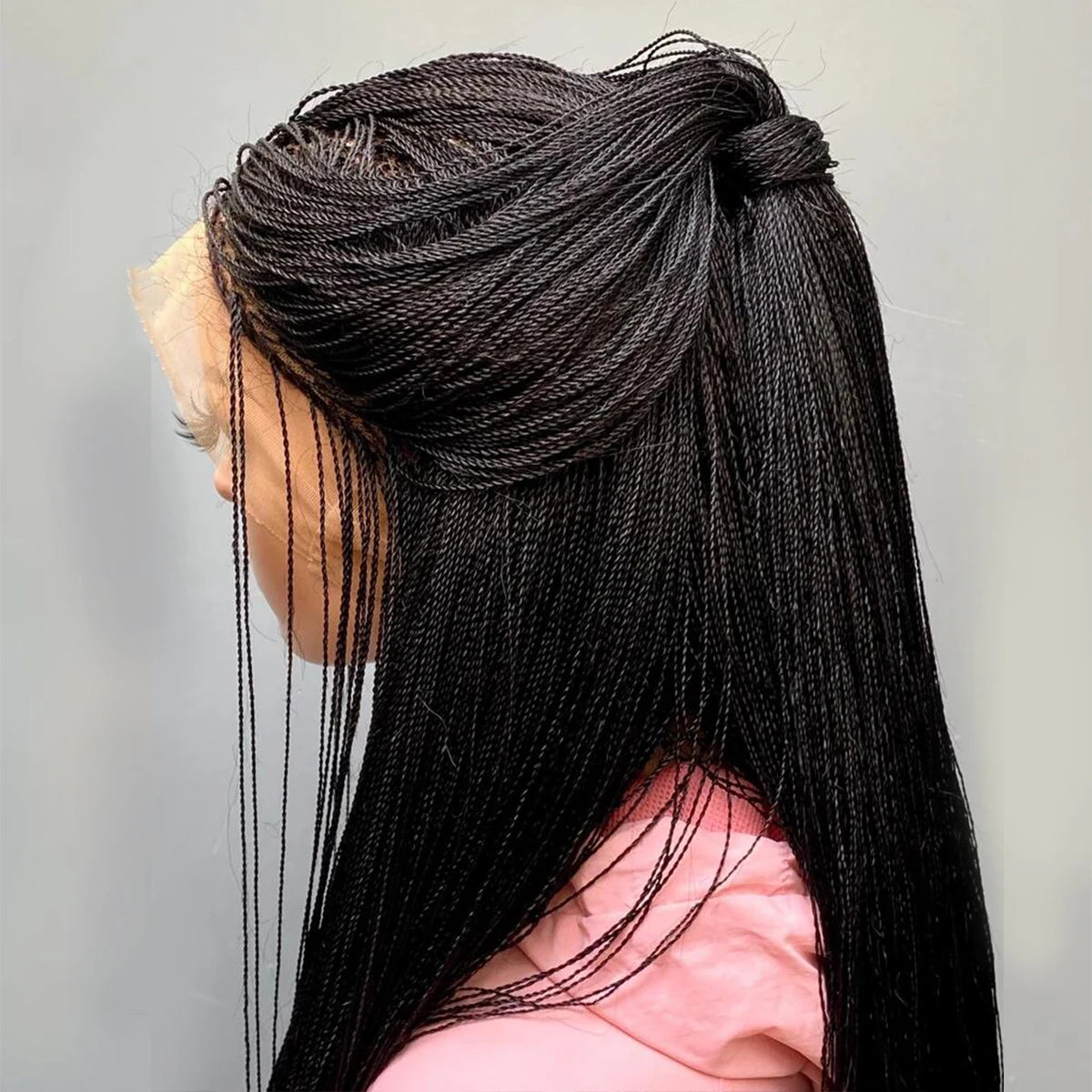 28" Micro Twist Braided Wig | 1B Black | Front Lace | Glueless | Petite Cap | For Black Women