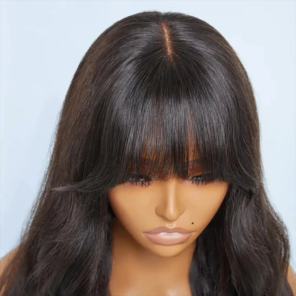 Natural Color 22" Body Wave Wig with Bangs | 180% Density Remy Human Hair Middle Part Lace Luxegan