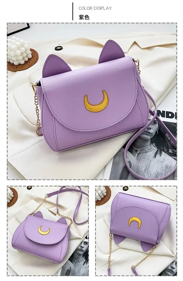 Sailor Moon Inspired Luna Cat Bag | Sophisticated PU Leather Square Shoulder Purse | Elegant Black Chain-Strap Messenger | "Dignified" Soft Crossbody for Versatile Fashion Styling Luxegan