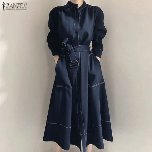 ZANZEA Vestidos Largos de Moda para Mujer Camisas Elegantes Ropa de Calle Oficina Señora Midi Vestidos con Cinturón Casual Otoño Manga Larga Fiesta Túnica