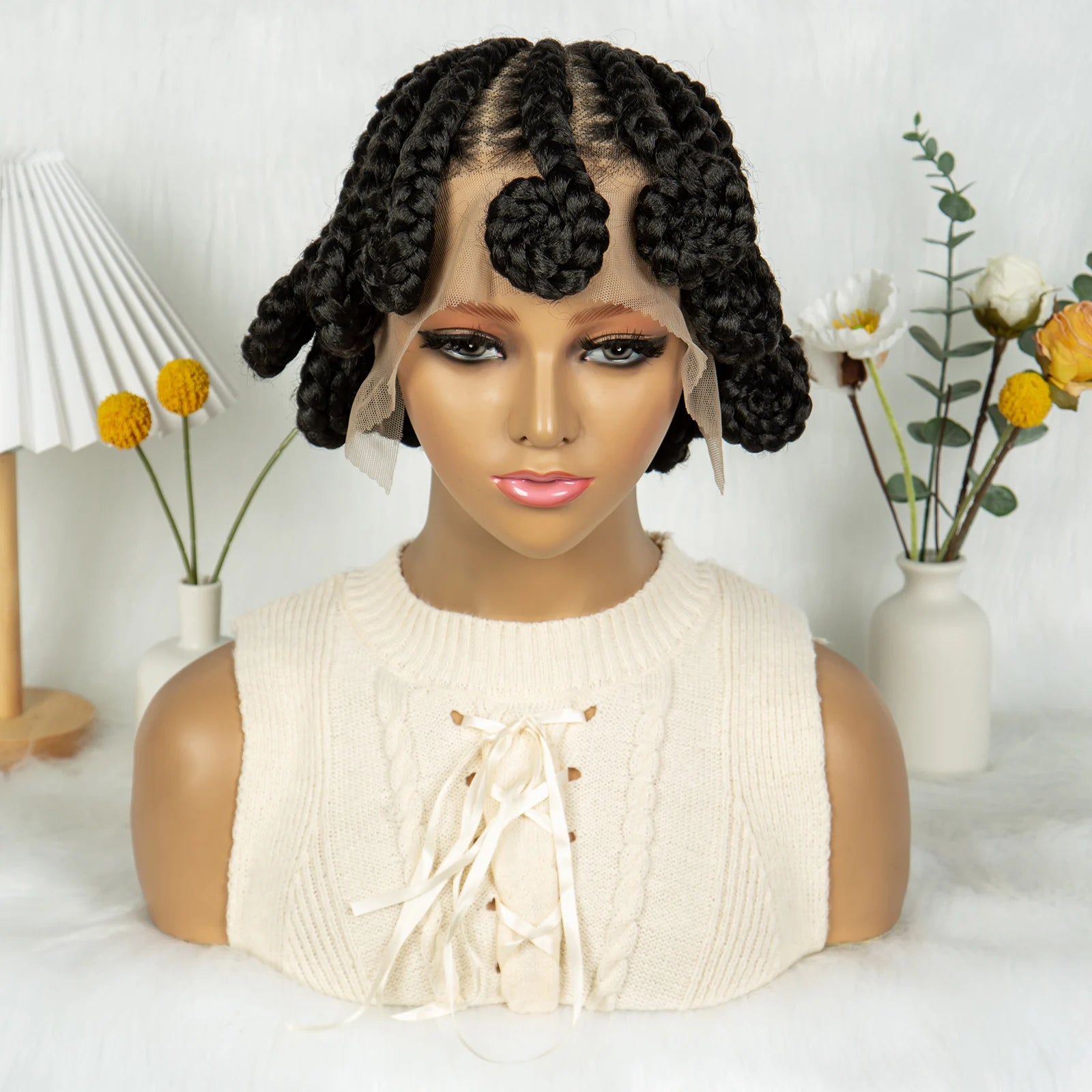 Short Bantu Knot Braided Wig | Full Lace | Synthetic Hair | Baby Hairs | Transparent Lace | Cute Braids Wig for Women