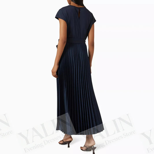 Bow Sash Draped A-Line Prom Dress | O-Neck Short Sleeve Tea-Length Evening Gown - view 2