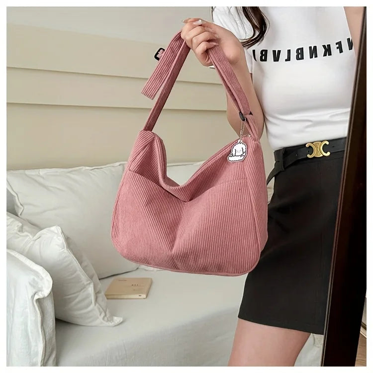 Women's Corduroy Shoulder Bag | Casual Striped Large Capacity Tote with Zipper (Cute Hat Patch, Everyday Use) Luxegan