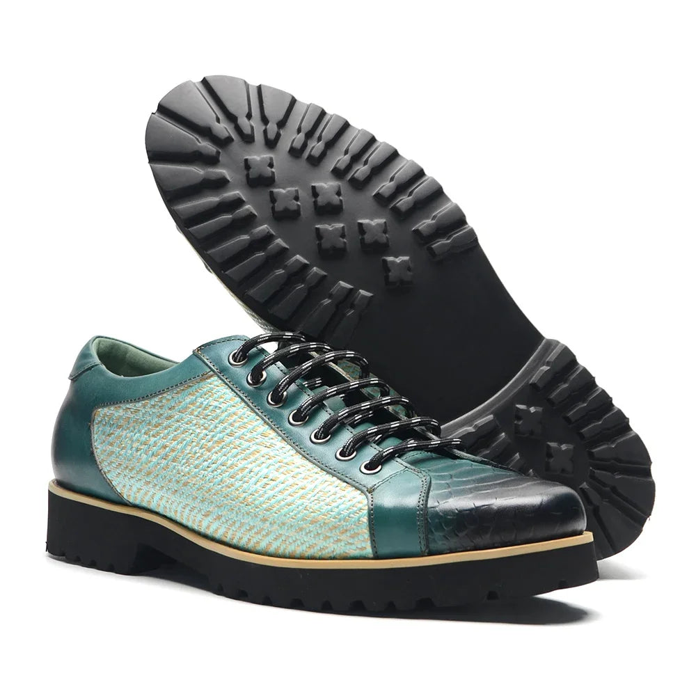 British Style Designer Men's Genuine Leather Derby Shoes | Duotone Hand-Painted Plaid Casual Sneakers (Height Increasing) Luxegan
