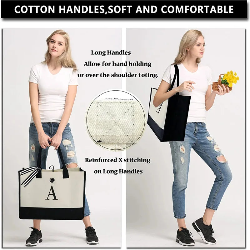 Fashion Floral & Letter Print Canvas Tote | Large Capacity "HARD" Structured Business Handbag | Portable Beach & Shopping Shoulder Bag | Unisex Casual Multi-Purpose Tote Luxegan