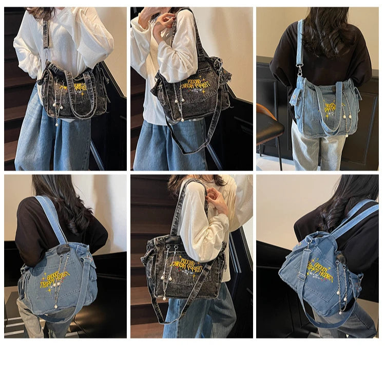 Large Capacity Denim Bag for Women | Casual Versatile Crossbody Commuting Bag | Travel Storage Bucket Handbag Luxegan