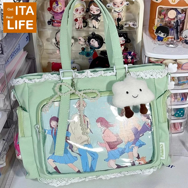 Italife New Women Cute Lace Ita Bag with Pearl Bow | Kawaii Large Tote with Insert for Pin Display | Comic Con Big Handbag Luxegan