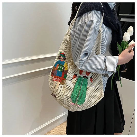 Hollow Mesh Knitted Shoulder Bag | Slouchy Chic Cartoon Beach Tote | Lightweight Laid-Back Woven Handbag | Spring & Summer Versatile Nylon Satchel for Women Luxegan