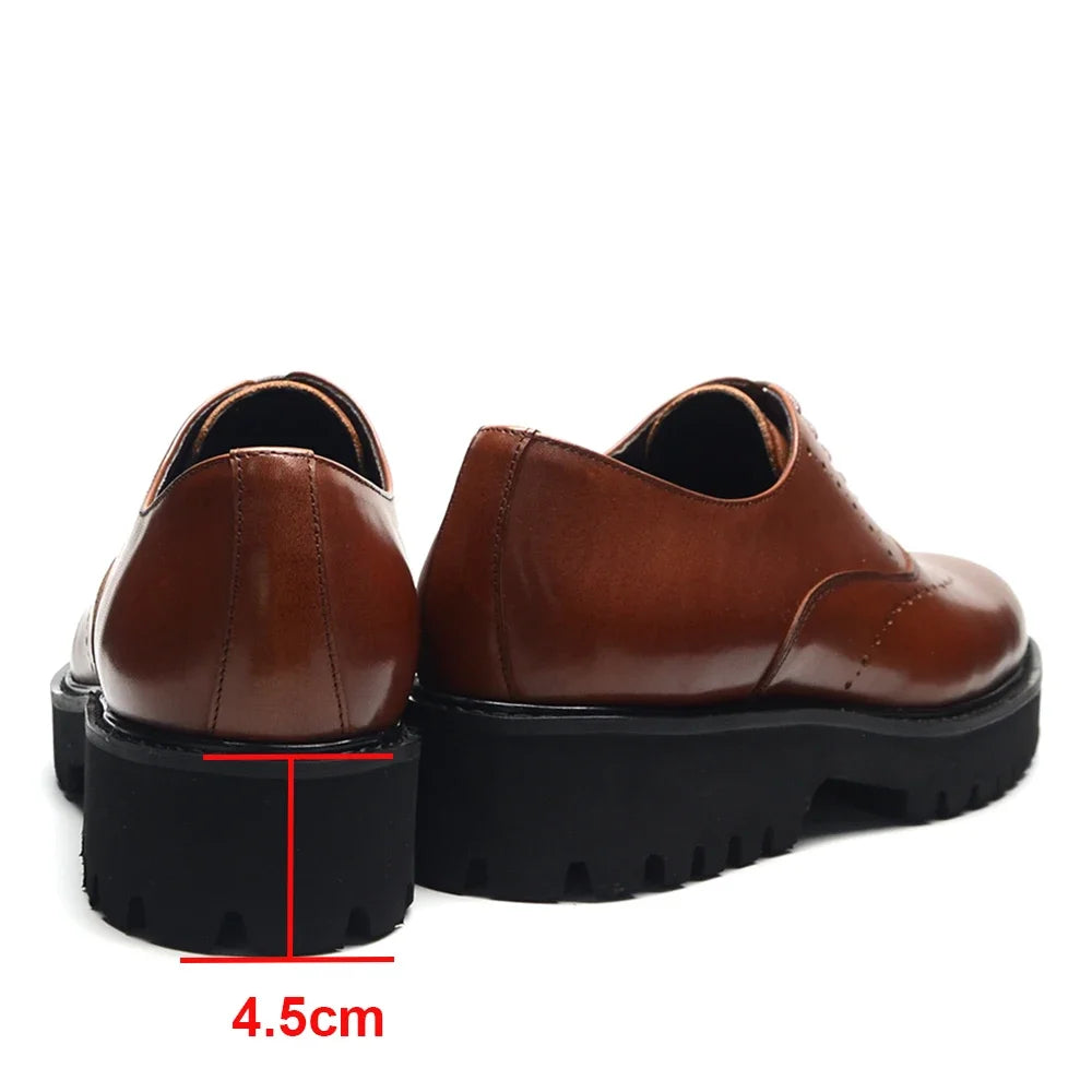 Luxury Men's Genuine Leather Platform Oxfords | Lightweight Black Sole Lace-Up Business & Casual Dress Shoes (Height Increasing) Luxegan