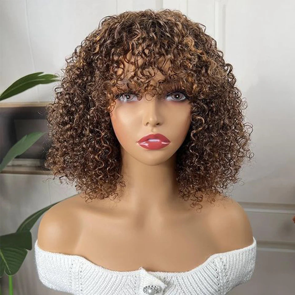 Highlight Honey Blonde Jerry Curly Pixie Bob Wig with Bangs | Full Machine Made Human Hair Luxegan