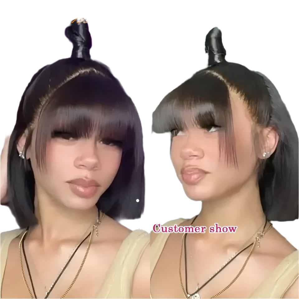Reddish Brown Bob Wig | Straight Human Hair Lace Front with Bangs Luxegan