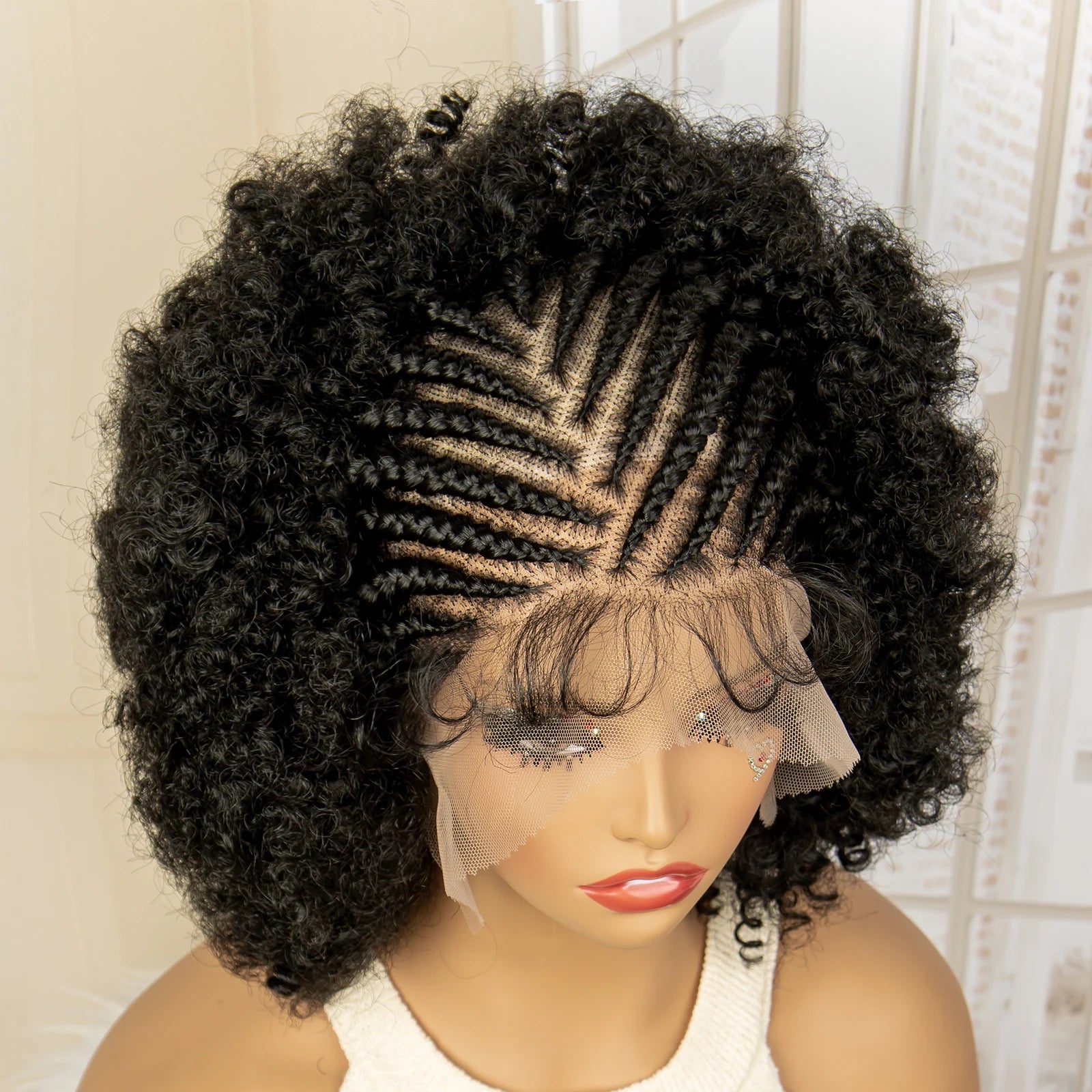 Premium Full Lace Afro Braided Wig - 8 Inch Short Kinky Curly Cornrow Braids Wig with Baby Hair - Natural Look - Luxegan