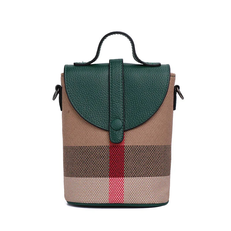 Fashionable Women's Mini Bag | Plaid Canvas & Genuine Cowhide Patchwork Handbag | Elegant Single Shoulder Crossbody & Portable Small Bag Luxegan