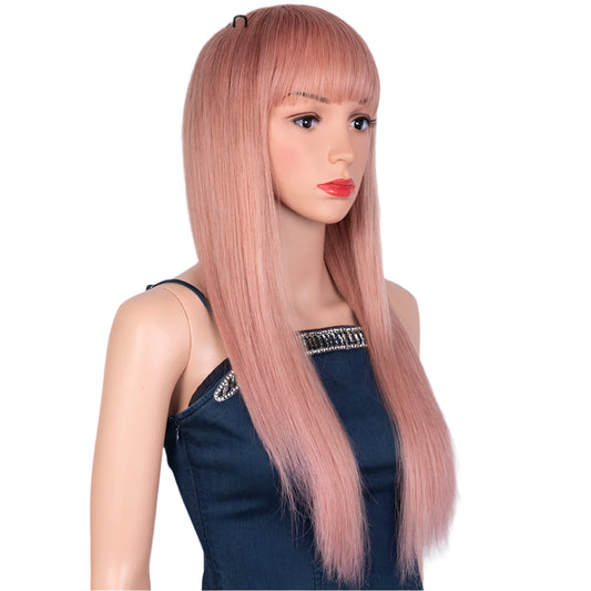 Dirty Pink Straight Human Hair Wig with Bangs | Full Machine Made Brazilian Remy for Women (Wear & Go) Luxegan