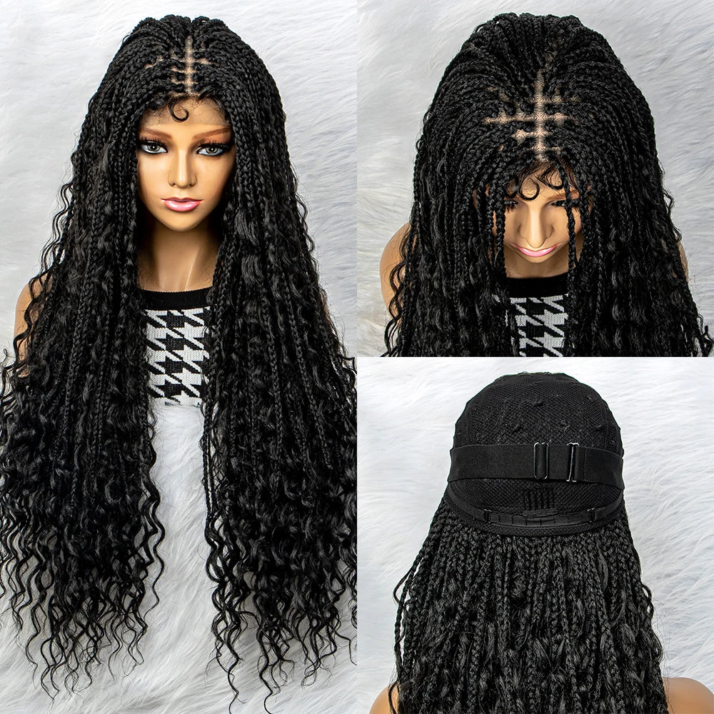Curly End Box Braids Lace Frontal Wig with Baby Hair | Synthetic Full Lace Braided Wig for Black Women Luxegan