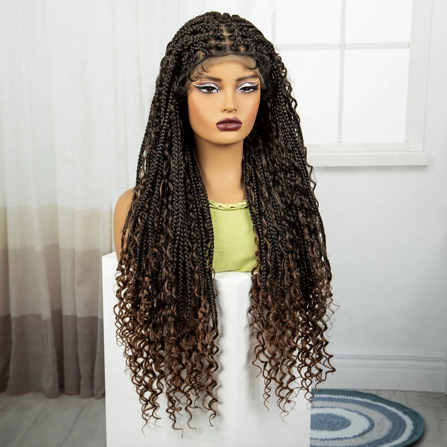 36" Knotless Box Braids Wig | Bohemian Style | Curly Ends | Lace Front | With Baby Hair | For Black Women