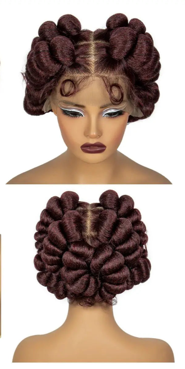 Burgundy Bantu Knotless Braids Wig | Short Handmade Full Lace | Baby Hair Luxegan