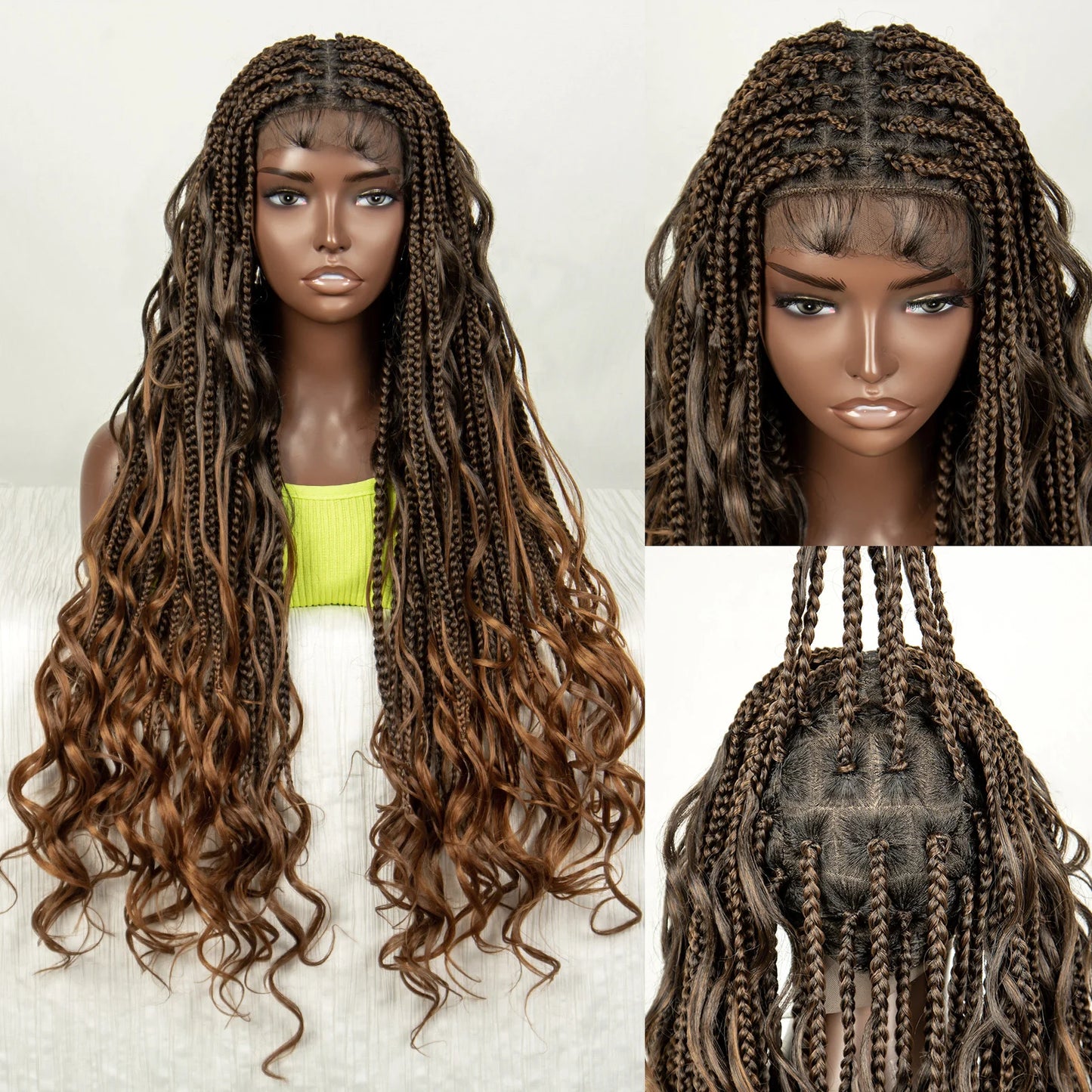 34" Natural Curly Knotless Box Braids Wig | Deep Wave Accents | Full Lace | Baby Hair Luxegan
