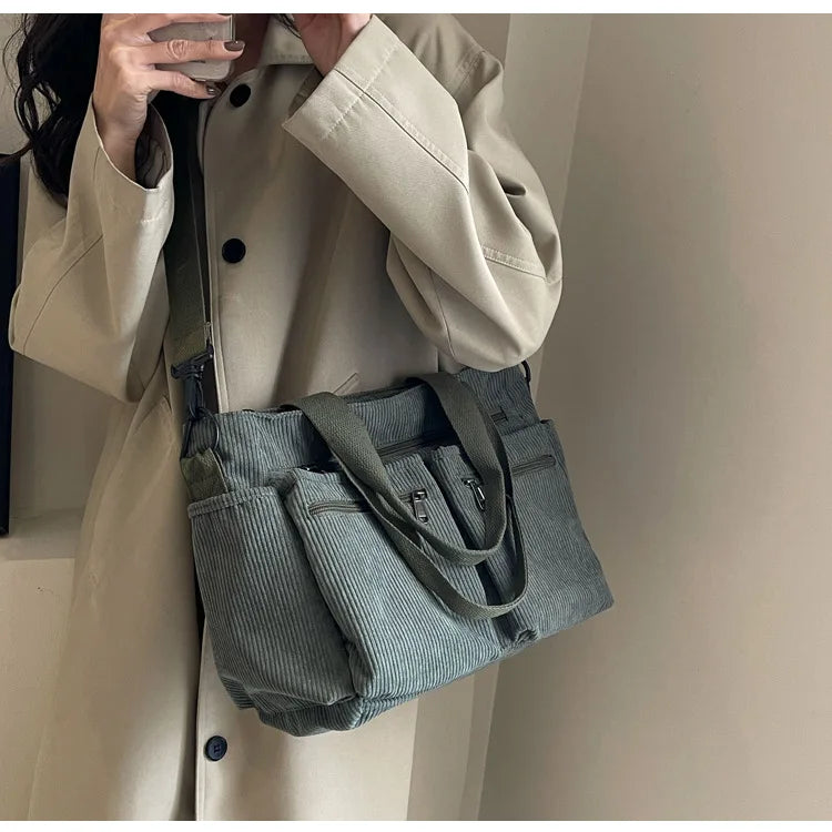 Female Large Capacity Corduroy Tote Bag | New Korean Style Fashion Women's Shoulder Crossbody Bag (Worker Commuter Handlebag)