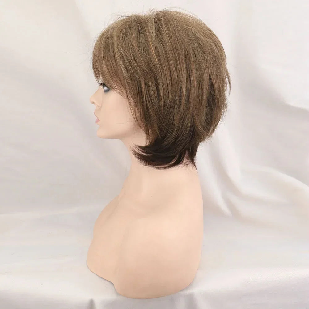 Short Brown Bob Wig with Bangs | Mixed Blonde Synthetic Natural Hair Wig for Women (Soft Mommy Hair, Daily Use) Luxegan