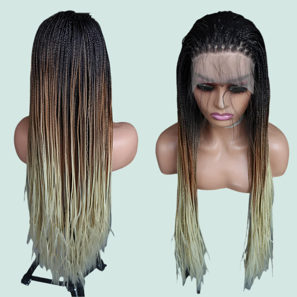 Trendy 3 Tone Ombre Braided Box Braids Lace Front Wig - Daily Wear Synthetic Hair