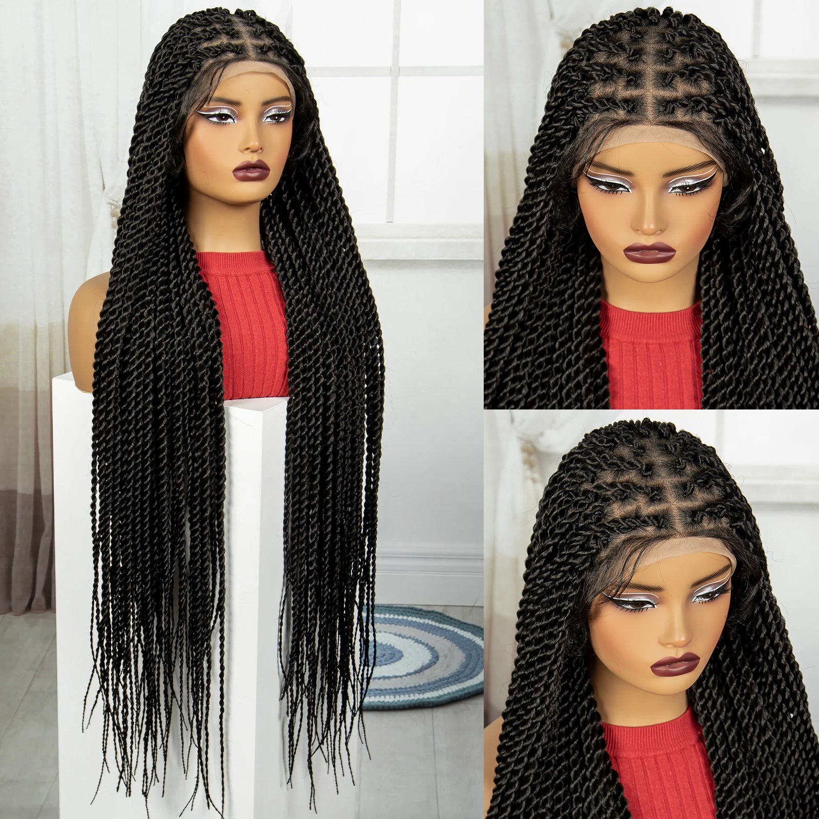 38" Long Twist Knotless Braids Wig | Transparent Full Lace | Baby Hair Luxegan