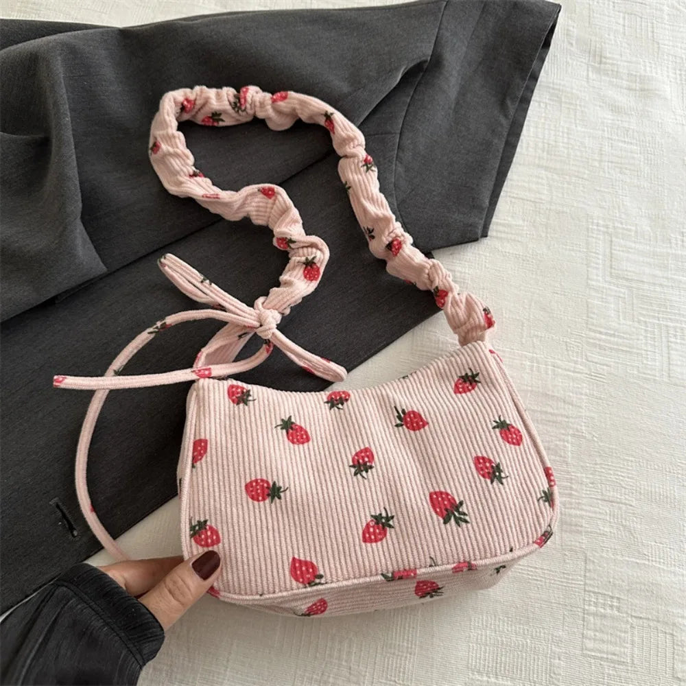 Corduroy Solid Casual Tote | Soft Y2K Strawberry Large Capacity Underarm Bag Luxegan