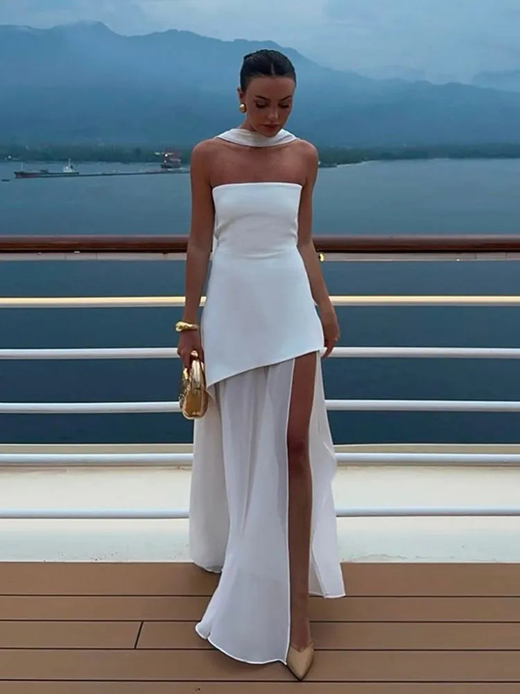 Women's Elegant White Mesh Splicing Slim Dress | Chic Scarf Neck Off-Shoulder Party Gown | Strapless High Waist Floor-Length Dress | Premium Tatting Non-Stretch Straight Silhouette Robe Luxegan
