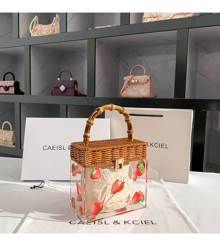 Transparent Acrylic Patterned Square Box Bag | Handmade Bamboo Woven Handheld Bag | Luxury Fashion Holiday Beach Handbag & Vacation Clutch Luxegan