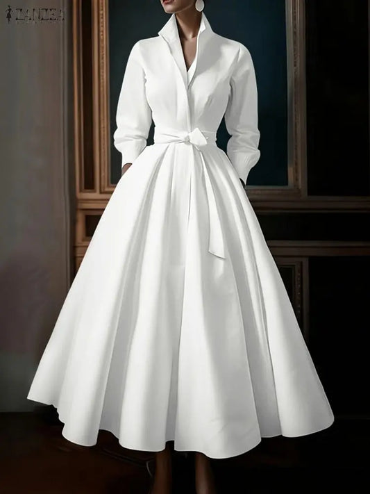 Lapel Neck Long Sleeve Belted A-Line Maxi Dress | Elegant Office Lady Vintage Sundress with Pockets Luxegan