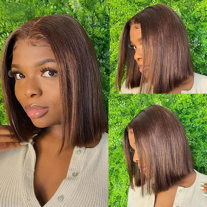 16-Inch Chocolate Brown Straight Bob Wig | Sophisticated 13x4 & 4x4 HD Transparent Lace | Elegant "Short Bob" Silhouette | "Dignified" Pre-Plucked Vietnamese Remy Human Hair for Radiant Versatile Styling Luxegan