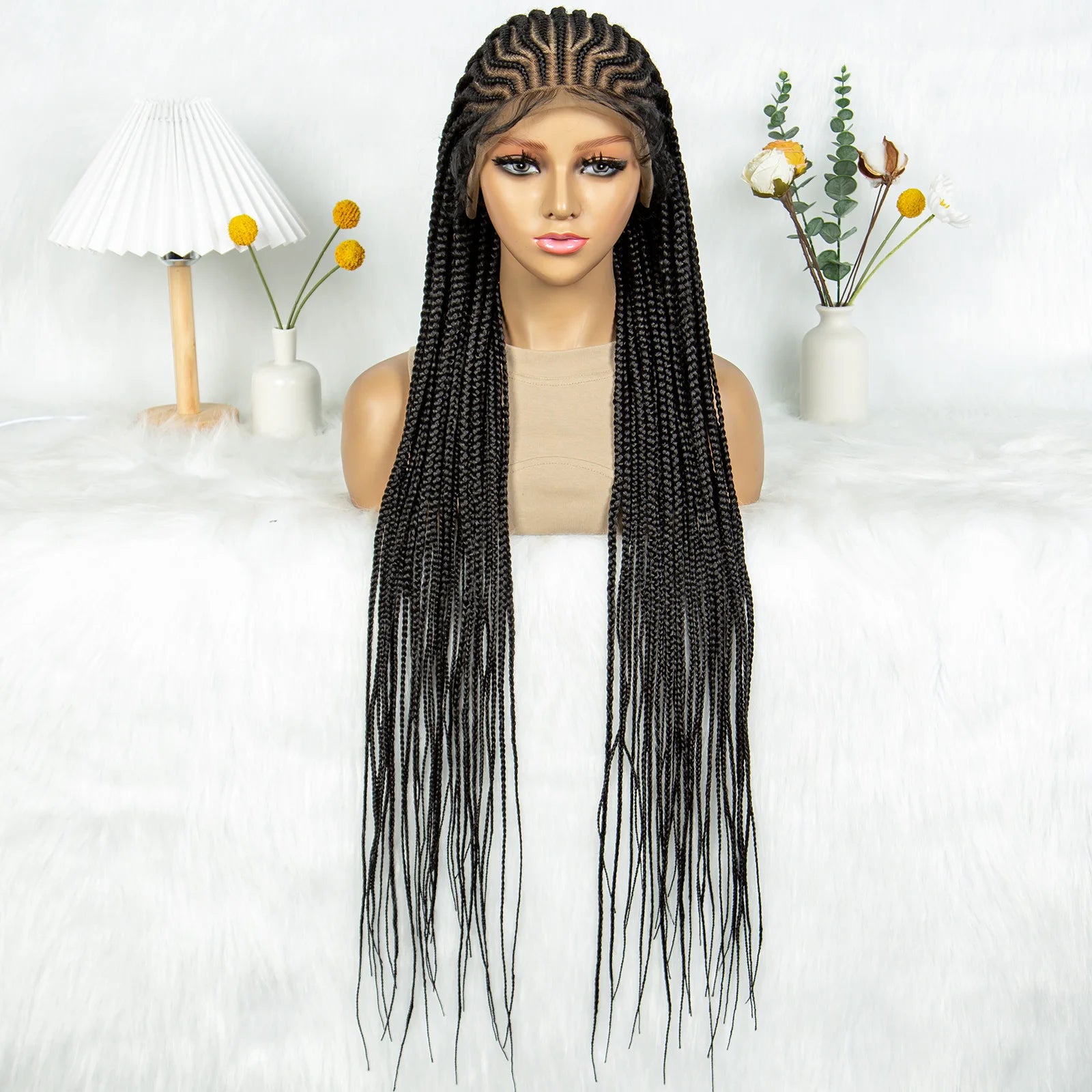 34" HD Transparent Full Lace Knotless Box & Cornrow Braids Wig Luxegan