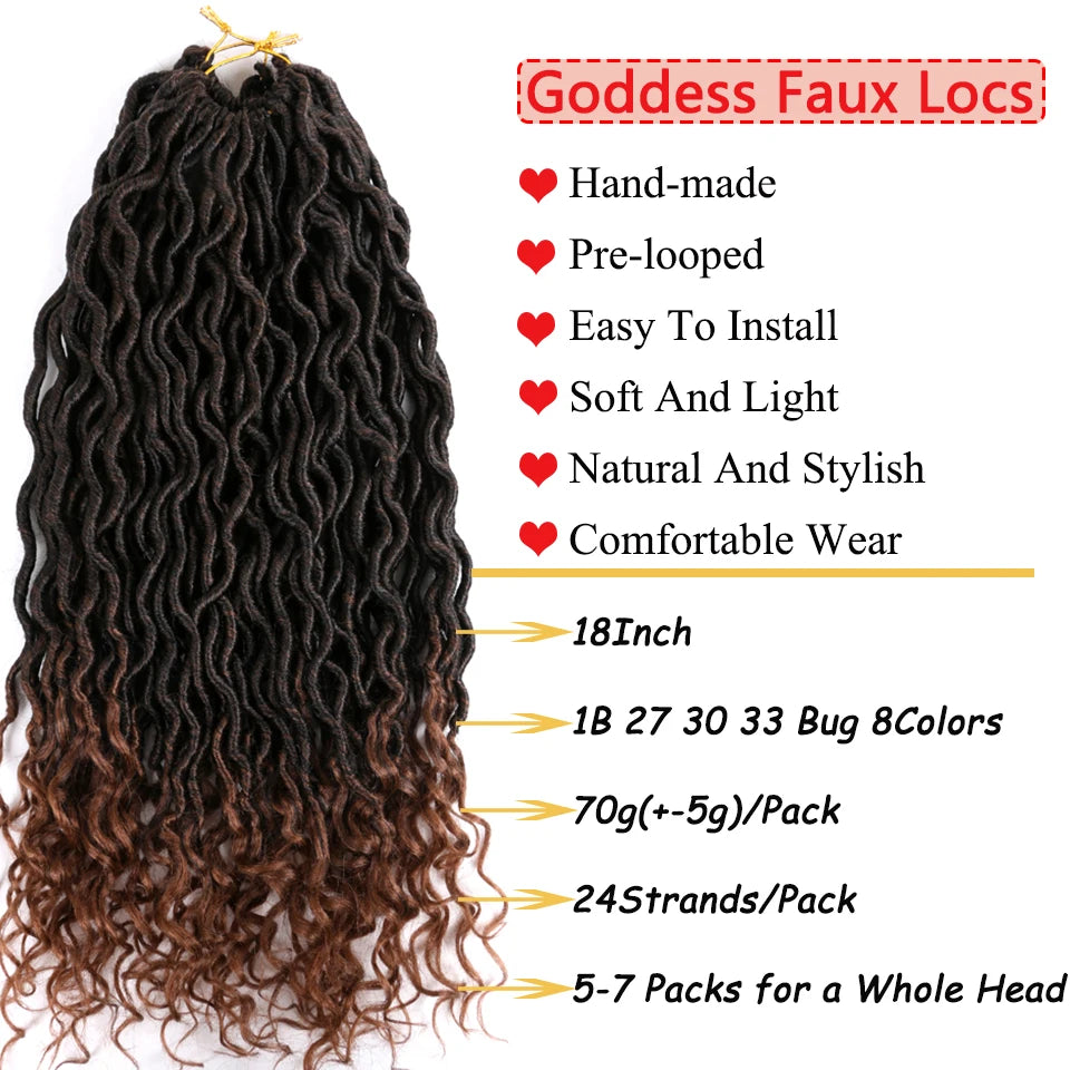 Goddess Faux Locs Crochet Hair | 18" Soft Curly Braids | Ombre Dreadlocks Extensions | 24 Strands/Pack Luxegan