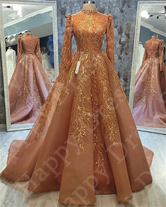 Muslim Arabic Luxury Appliques High-Neck Evening Dress | Exquisite 3D Full-Sleeve Gown | Tulle A-Line Floor-Length Formal Party Dress with Sweep Train Luxegan