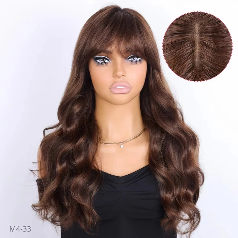 Natural Color 22" Body Wave Wig with Bangs | 180% Density Remy Human Hair Middle Part Lace Luxegan