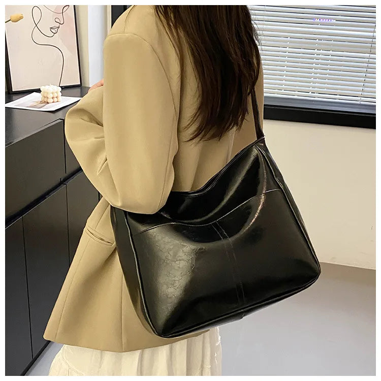 Red Large Capacity Oil Wax Leather Shoulder Bag | Bright Surface Women's New All-match Tote Bags | Casual High Quality Handbag Luxegan