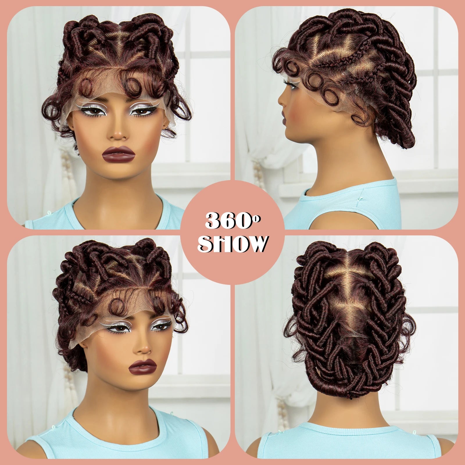 Burgundy Full Lace Synthetic Braided Wig | Knotless Box Braids & Bantu Knots | Lace Front Wig with Baby Hair for Black Women