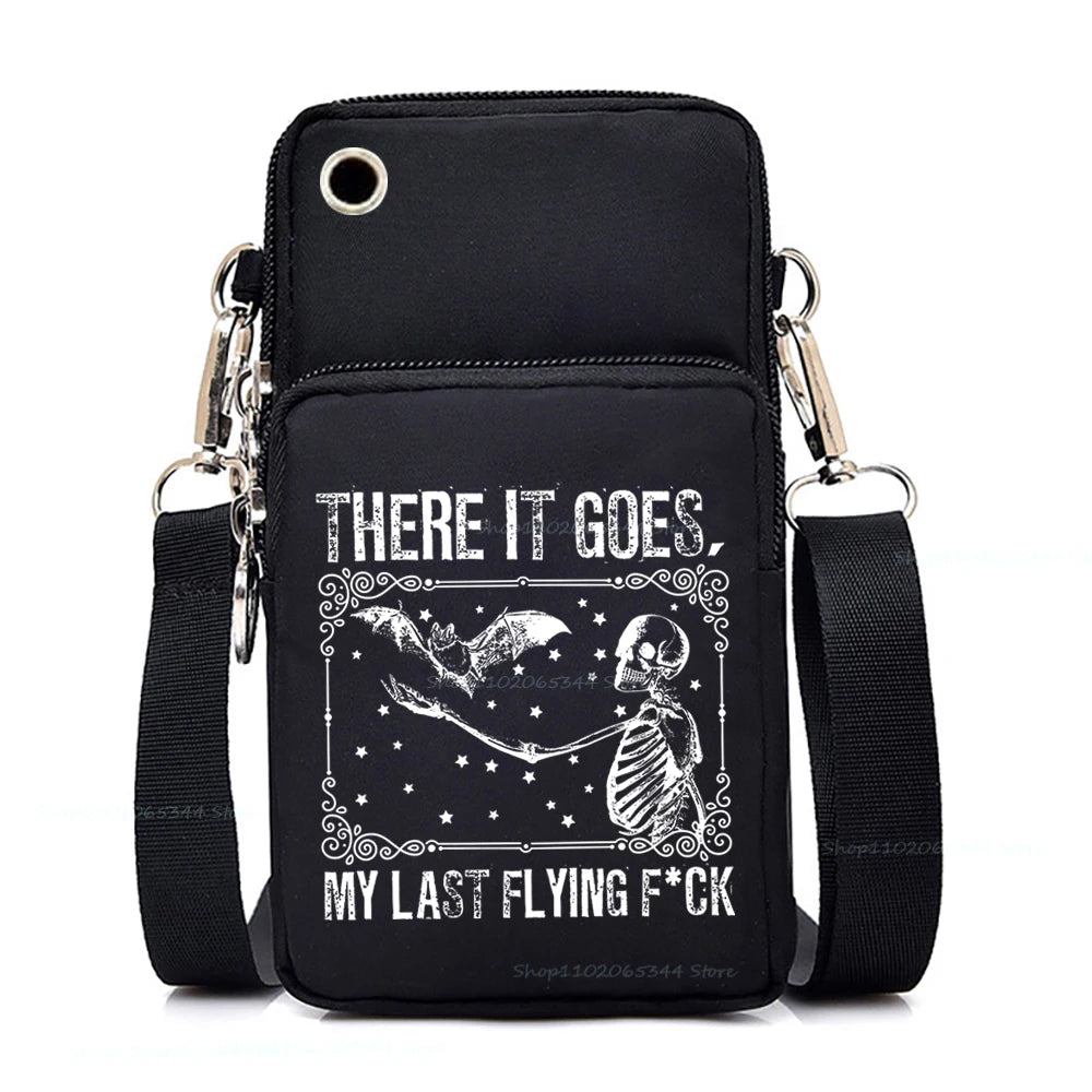 "Dead Inside But Love Cats" Shoulder Bag | Sophisticated Funny Vintage Skeleton Purse | Elegant Cartoon-Print Mobile Phone Bag | "Dignified" Soft Nylon Mini-Handbag for Versatile Casual Styling Luxegan