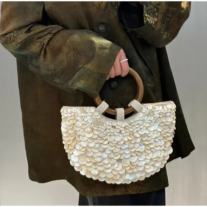 Fashion High-End Shell Bag | Niche Design Pearl Inlay Half-Moon Bag & Handmade Shell Beaded Handbag (New Versatile Crossbody) Luxegan