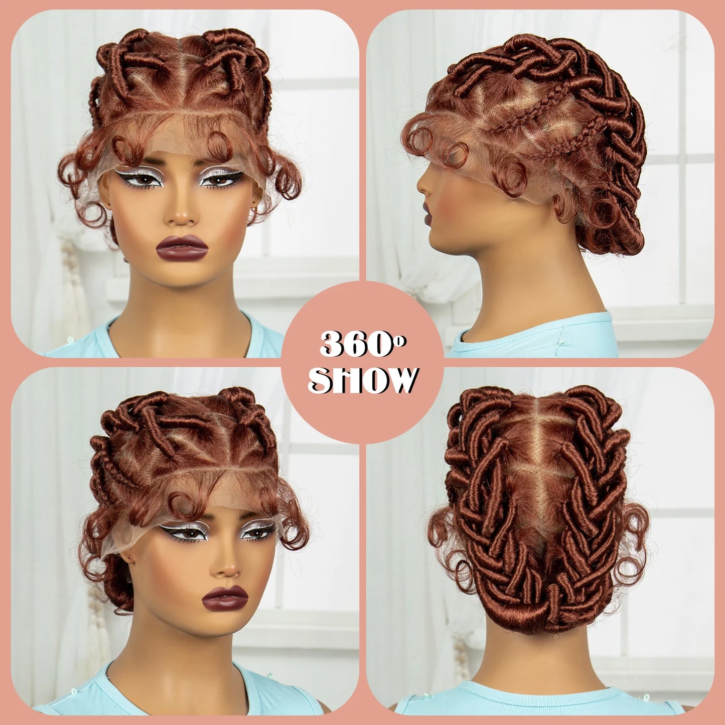 Burgundy Full Lace Synthetic Braided Wig | Knotless Box Braids & Bantu Knots | Lace Front Wig with Baby Hair for Black Women